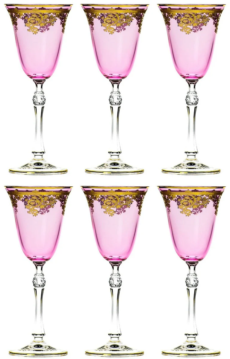 Luxus Barock Weinglas 6er Set Rosa / Gold Ø 9 x H. 21,5 cm - Handgefertigte gravierte und handbemalte Weingläser - Hotel & Restaurant Accessoires - Luxus Qualität