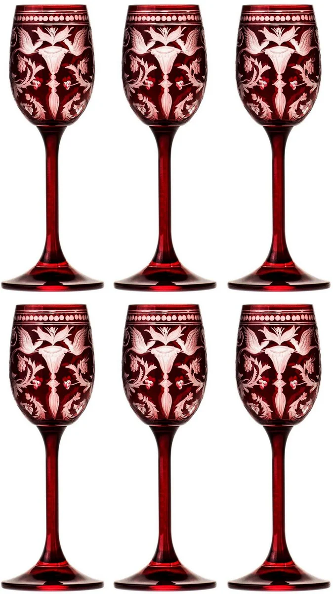 Luxus Likörglas 6er Set Rot / Silber Ø 5,5 x H. 15 cm - Handgefertigte und handgravierte Likörgläser - Hotel & Restaurant Accessoires - Luxus Qualität