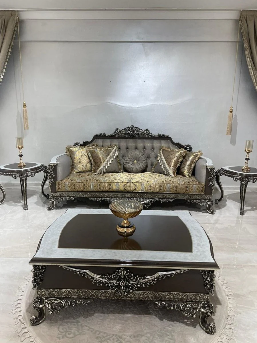 Luxus Barock Sofa Silber / Gold / Weiß / Schwarz / Silber - Prunkvolles Wohnzimmer Sofa - Barockstil Wohnzimmer Möbel - Luxus Möbel im Barockstil - Edel & Prunkvoll