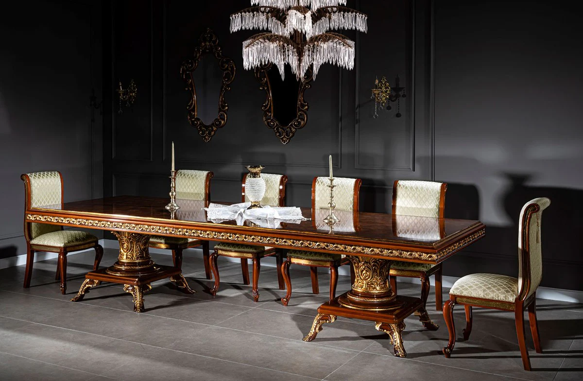 Luxus Barock Esstisch Braun / Gold 350 x 120 x H. 80 cm - Massivholz Esszimmertisch - Esszimmer Möbel im Barockstil - Edel & Prunkvoll