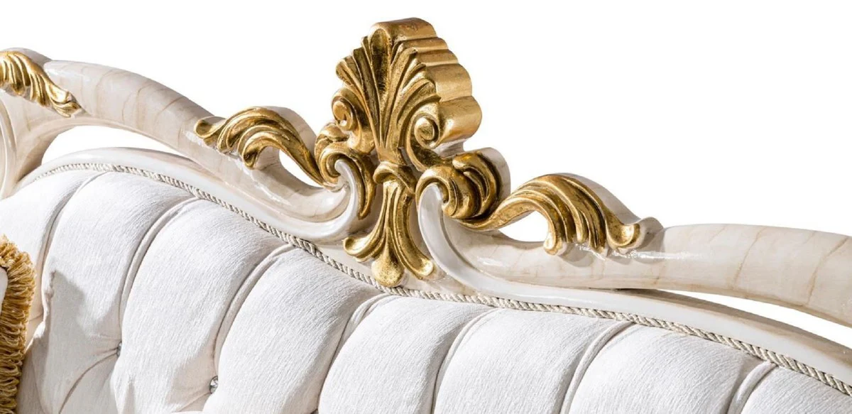Luxus Barock Sofa Weiß / Braun / Weiß / Beige / Gold - Prunkvolles Wohnzimmer Sofa mit Glitzersteinen - Barockstil Wohnzimmer Möbel - Luxus Möbel im Barockstil - Barock Einrichtung