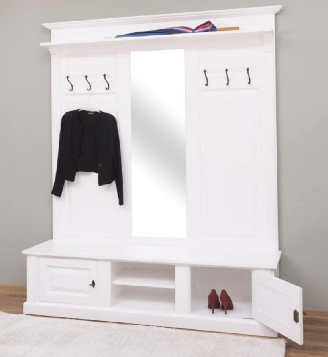 Landhausstil Garderobe Weiß 180 x 41 x H. 210 cm - Massivholz Garderobenschrank mit Spiegel - Massivholz Garderobenmöbel - Landhausstil Garderobenmöbel