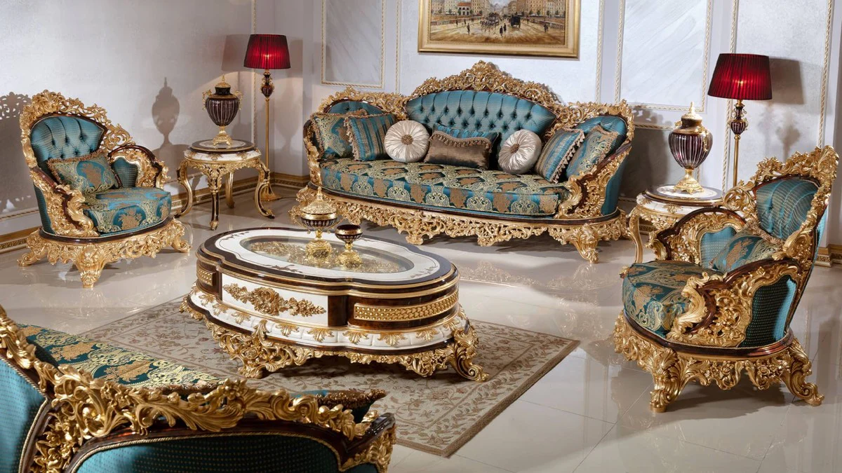 Luxus Barock Couchtisch Weiß / Braun / Gold - Prunkvoller Massivholz Wohnzimmertisch mit Glasplatte - Barock Wohnzimmer Möbel - Edel & Prunkvoll