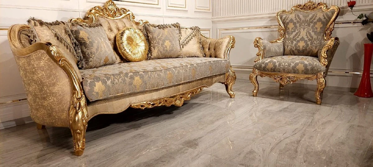 Luxus Barock Sofa Gold / Grau / Gold - Prunkvolles Wohnzimmer Sofa mit elegantem Muster - Barock Wohnzimmer & Hotel Möbel - Edel & Prunkvoll