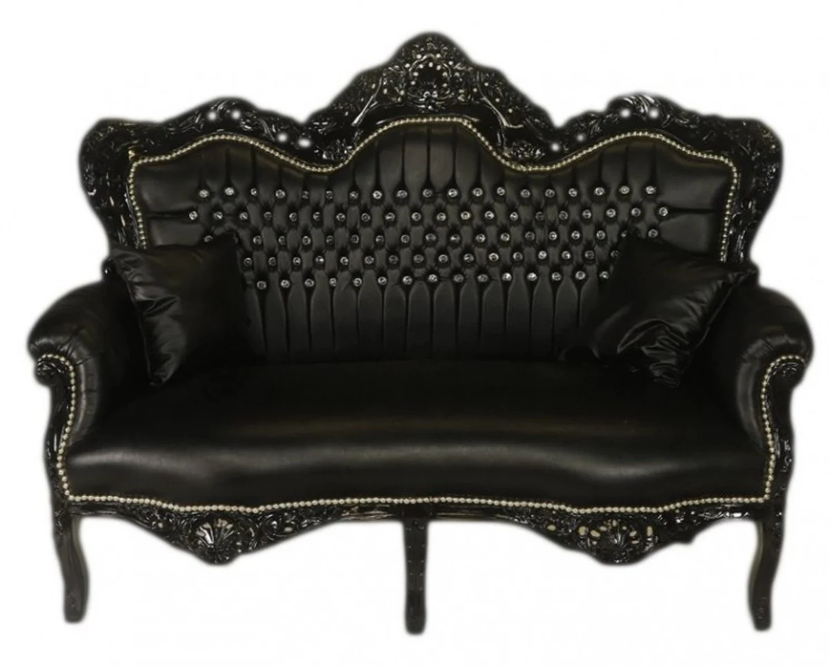 Barock 2er Sofa Master Schwarz Lederoptik / Schwarz mit Bling Bling Glitzersteinen - Wohnzimmer Couch Möbel Lounge