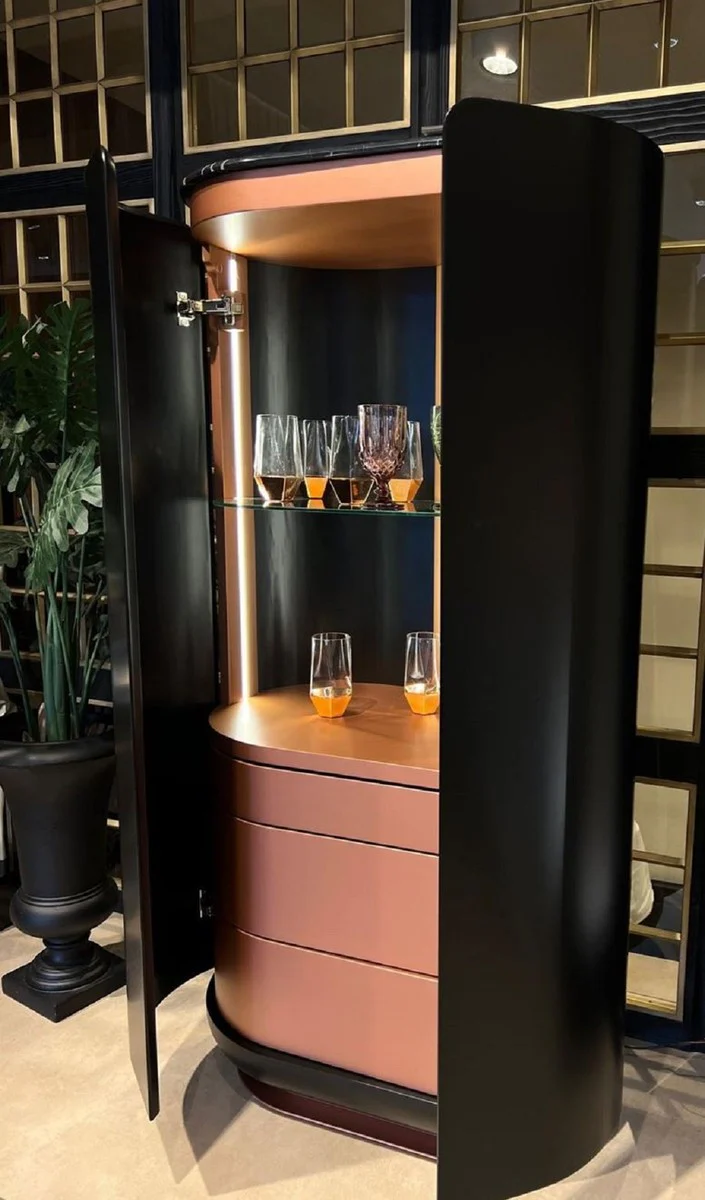 Luxus Barschrank Schwarz / Kupfer 80 x 50 x H. 165 cm - Beleuchteter Massivholz Weinschrank mit 2 Türen - Wohnzimmer Möbel - Bar Möbel - Hotel Möbel - Luxus Kollektion