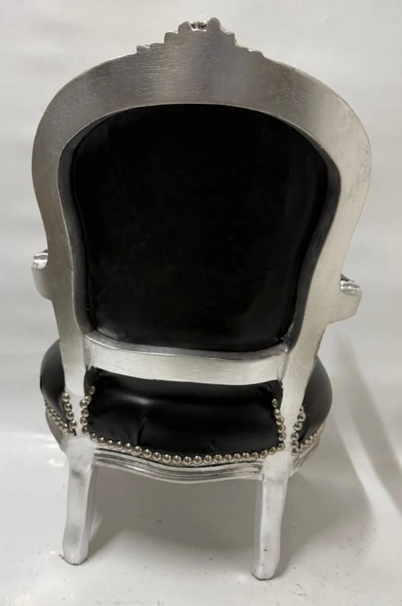 Barock Kunstleder Kinderstuhl mit Armlehnen Schwarz / Silber - Barock Kindermöbel