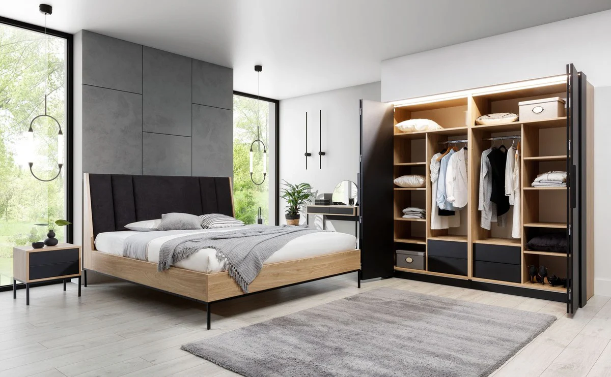 Luxus Schlafzimmerschrank Schwarz / Naturfarben - Massivholz Kleiderschrank mit 2 Türen - Schlafzimmer Möbel - Hotel Möbel - Luxus Möbel - Luxus Einrichtung