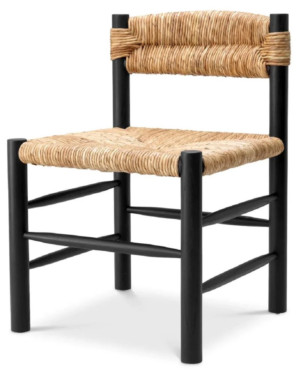 Luxus Esszimmer Stuhl Schwarz / Naturfarben 54 x 62,5 x H. 80,5 cm - Massivholz Küchen Stuhl - Esszimmer Möbel - Luxus Möbel - Esszimmer Einrichtung - Luxus Einrichtung