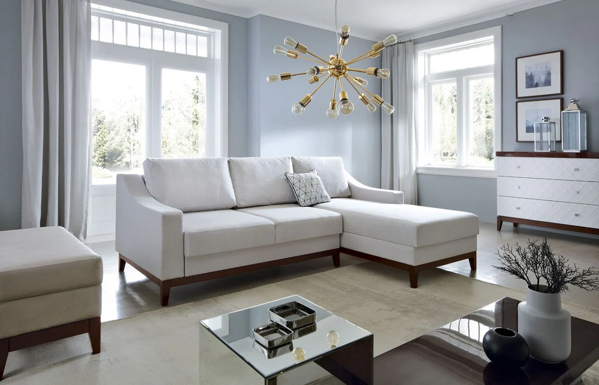 Luxus Ecksofa Weiß / Dunkelbraun 225 x 173 x H. 77 cm - Wohnzimmer Sofa mit Schlaffunktion - Wohnzimmer Möbel - Luxus Möbel - Luxus Interior