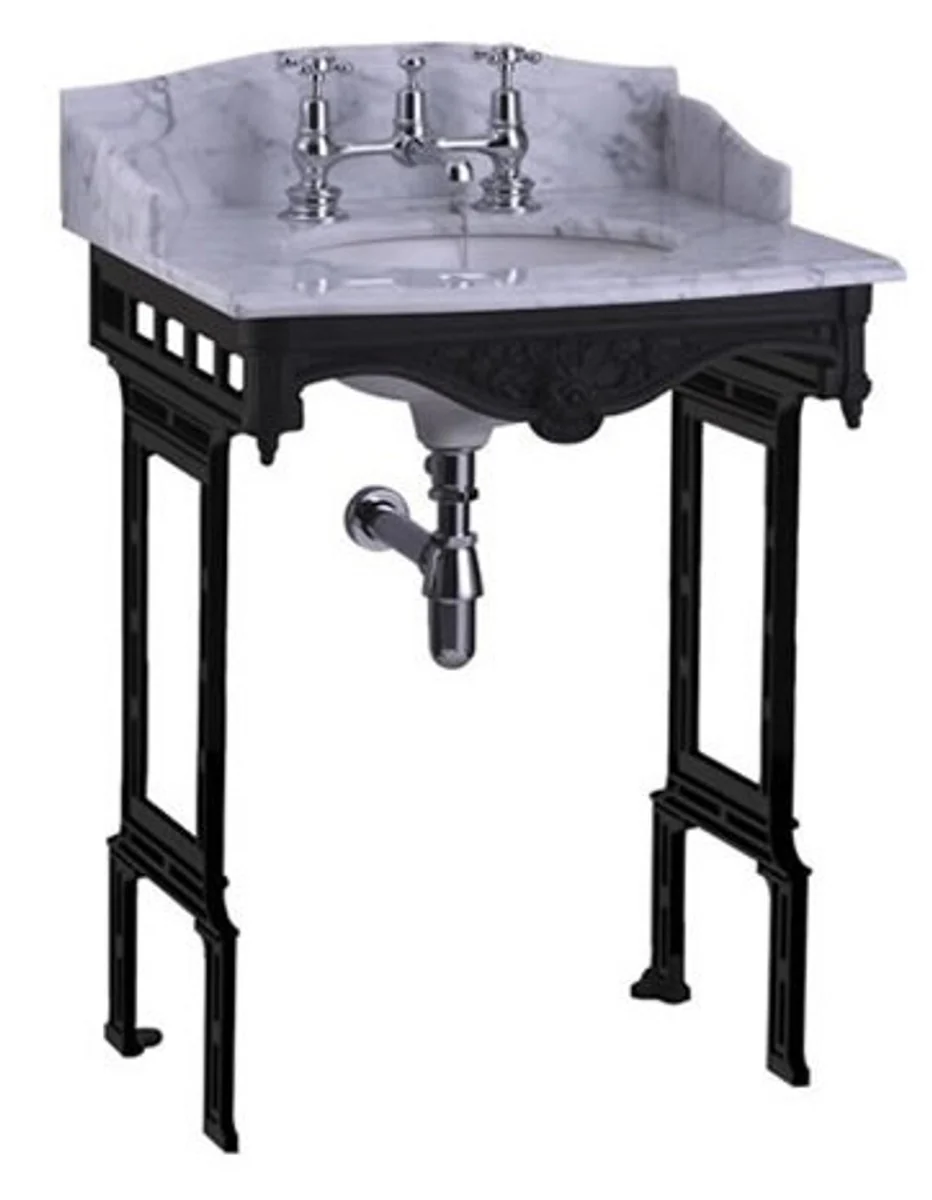 Luxus Jugendstil Stand Waschtisch Weiß / Schwarz mit Marmorplatte mit Spritzschutz hinten und seitlich - Barock Waschbecken Barockstil Antik Stil