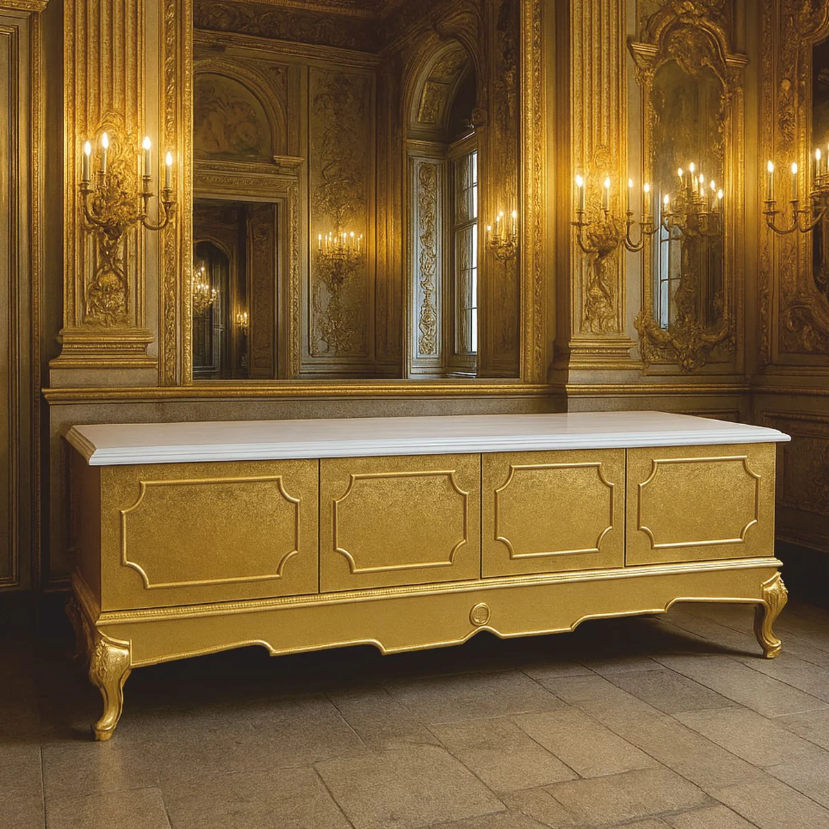 Luxus Barock TV Schrank Gold / Weiß 200 cm - Barock Wohnzimmer Möbel