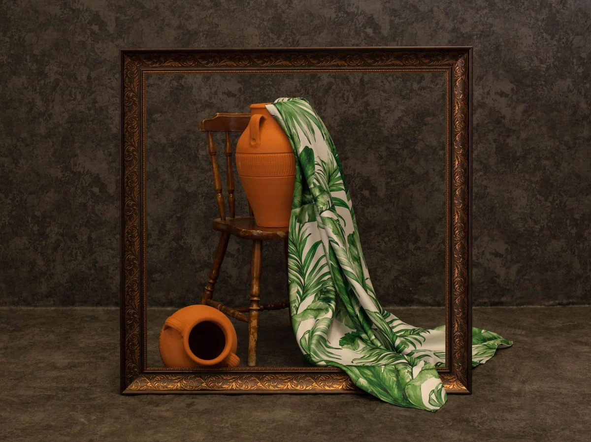 Luxus Vorhang Set Palmenblätter Weiß / Grün 250 x H. 290 cm - Bedruckte Leinen & Samt Vorhänge - Ösenvorhänge - Schiebevorhänge - Luxus Kollektion