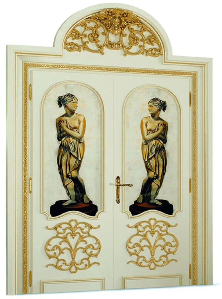 Luxus Barock Doppel Wohnungstür Weiß / Gold 221 cm - Made in Italy