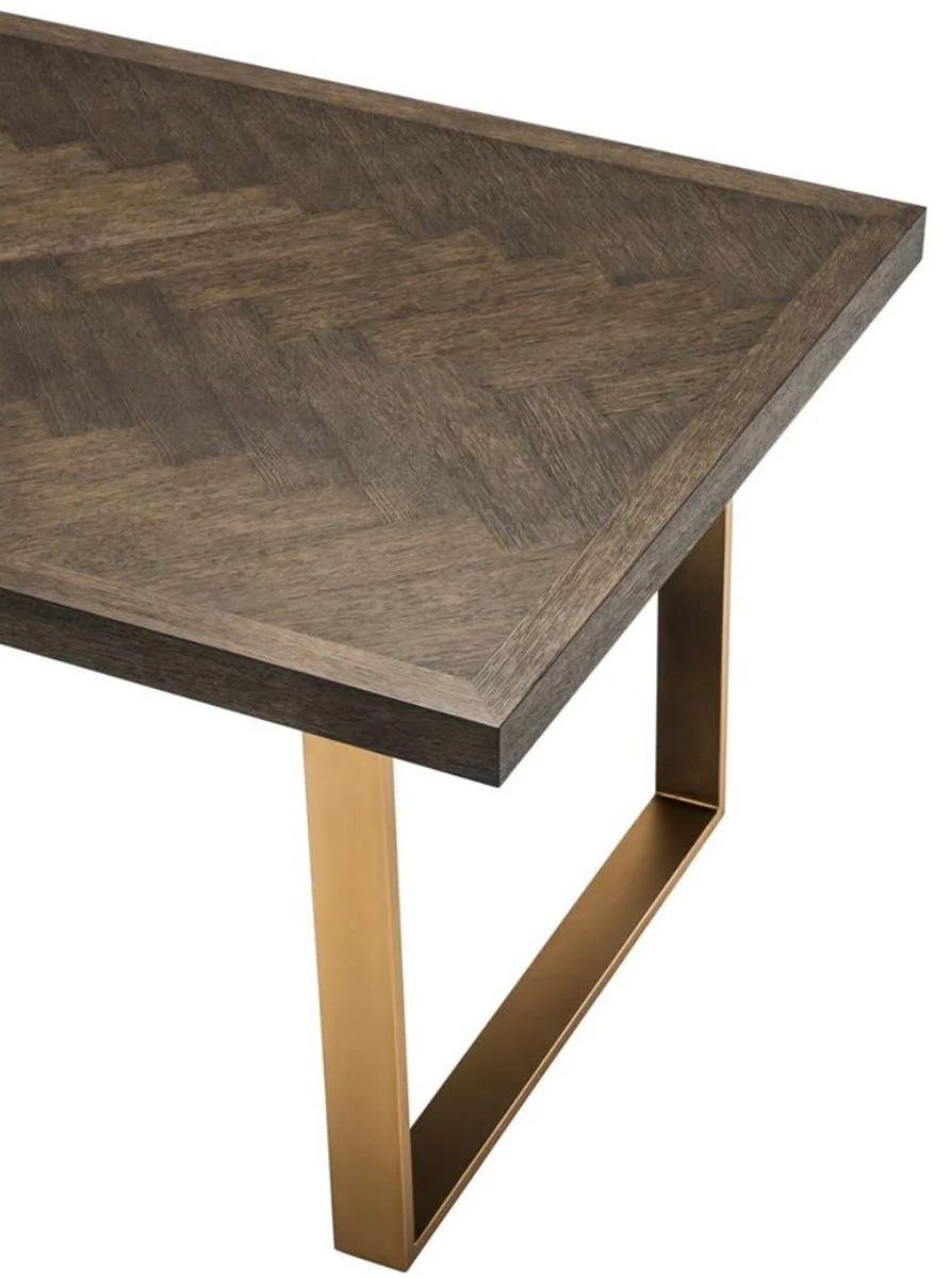 Luxus Edelstahl Esstisch mit Eichenfurnier Tischplatte Dunkelbraun / Messing 230 x 100 x H. 75,5 cm - Luxus Qualität