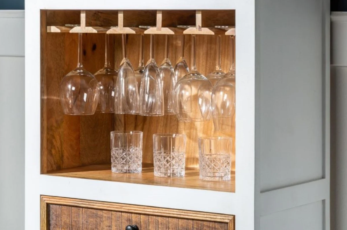 Landhausstil Weinschrank Weiß / Naturfarben 72 x 40 x H. 196 cm - Handgefertigter Massivholz Barschrank - Barmöbel im Landhausstil