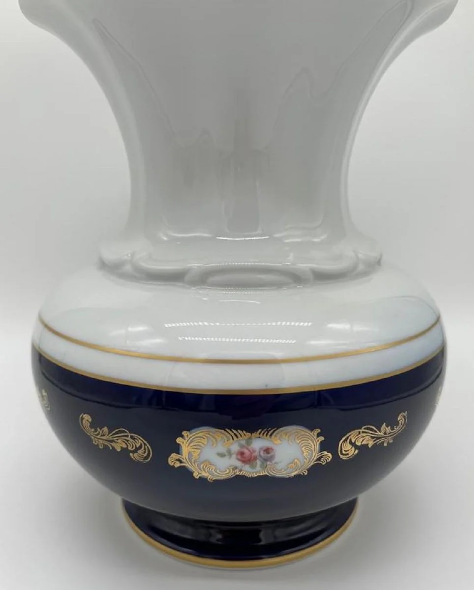 Luxus Barock Porzellan Vase Weiß / Dunkelblau / Gold H. 23 cm - Runde Blumenvase im Barockstil - Luxus Barock Accessoires - Reichenbach Porzellan - Luxus Qualität - Made in Germany