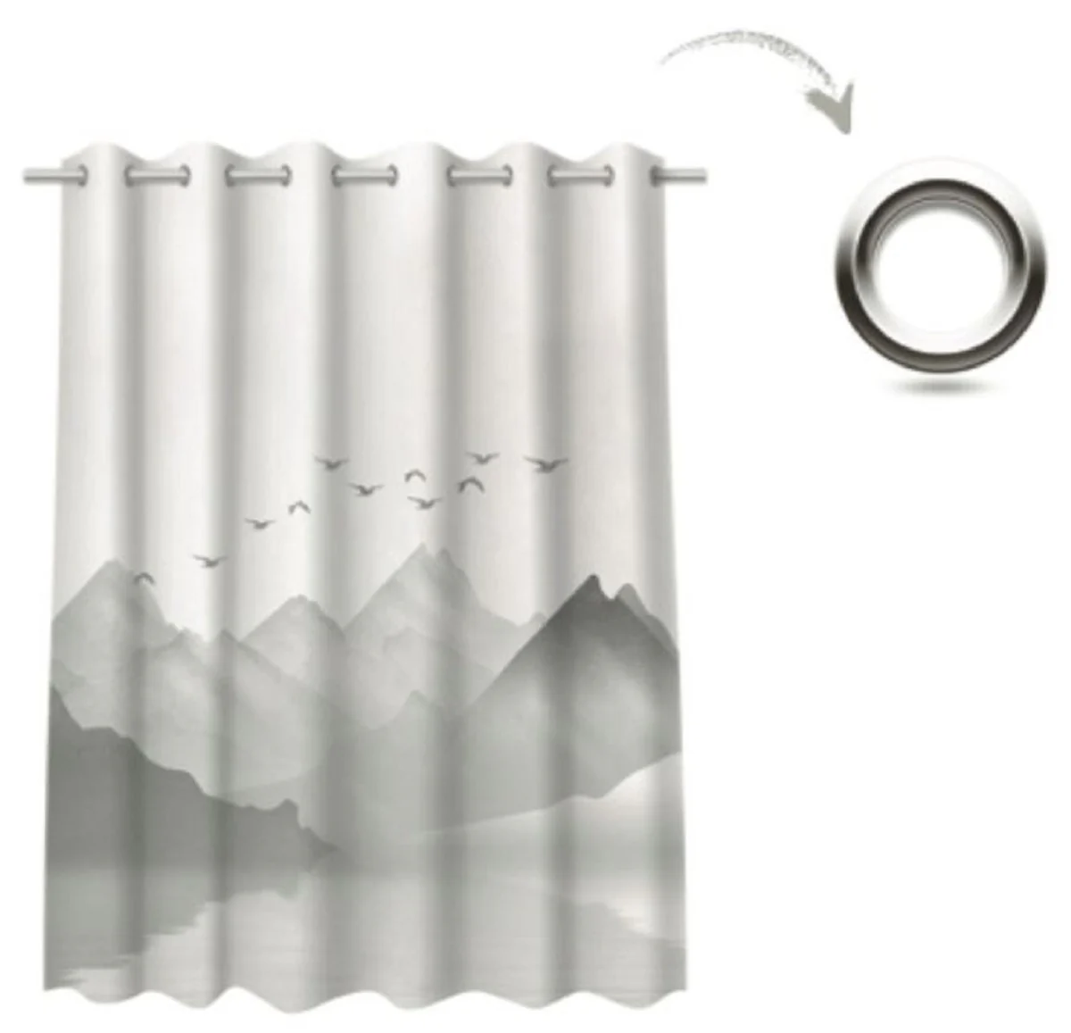 Luxus Vorhang Set Gebirge mit See Grau 250 x H. 290 cm - Bedruckte Leinen & Samt Vorhänge - Ösenvorhänge - Schiebevorhänge - Edle Wohnzimmer Schlafzimmer Vorhänge