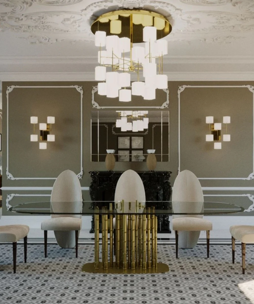 Luxus Designer Esstisch Bambus Gold 200 x 110 x H. 78 cm - Handgefertigter Esszimmertisch mit ovaler Glasplatte - Esszimmer Möbel - Hotel Möbel - Luxus Qualität