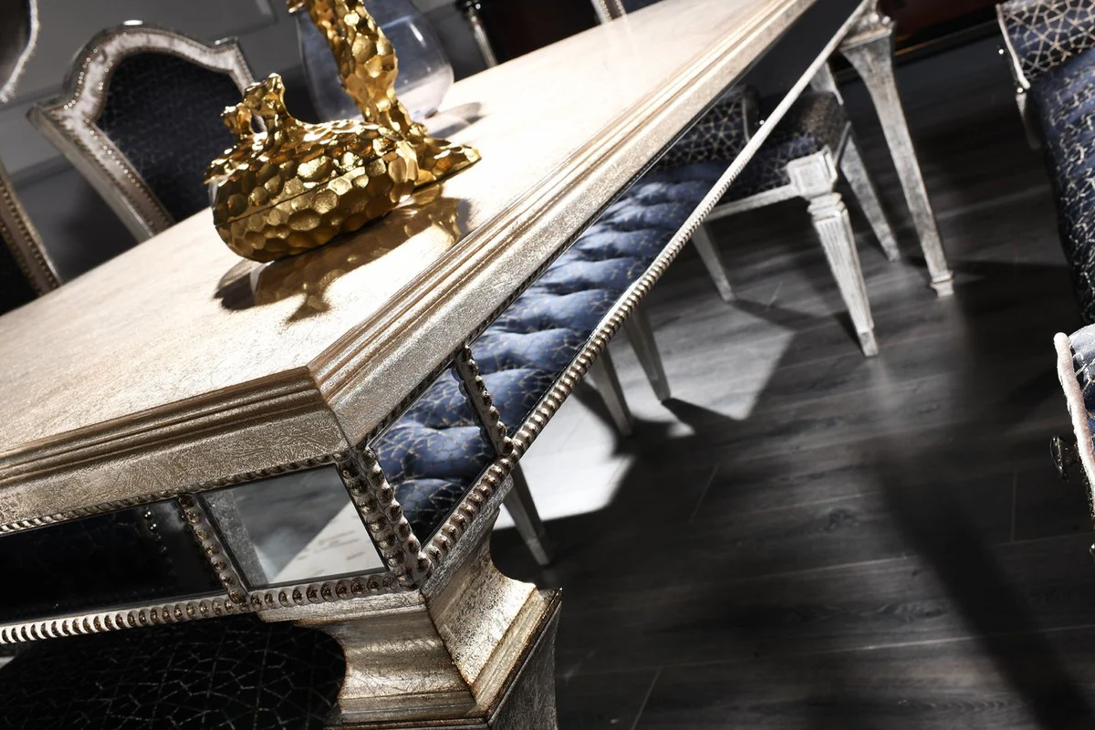 Luxus Barock Esstisch Antik Silber 200 x 112 x H. 85 cm - Massivholz Küchentisch mit Spiegelglas - Edle Esszimmer Möbel im Barockstil