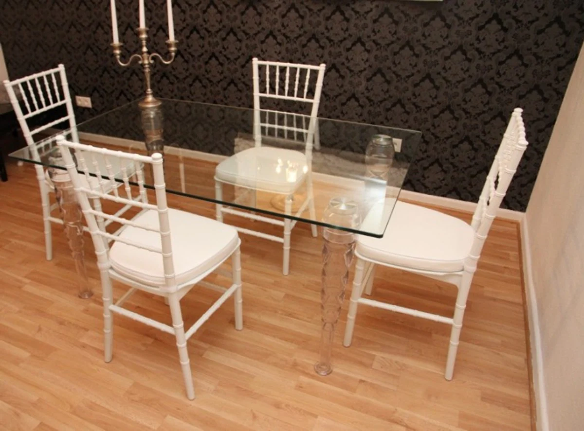 Designer Acryl Esszimmer Set Weiß/Weiß - Ghost Chair Table - Polycarbonat Möbel - 1 Tisch + 4 Stühle - Designer Möbel