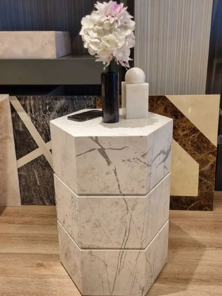 Luxus Marmor Beistelltisch Weiß 40 x 40 x H. 60 cm - Sechseckiger Wohnzimmer Beistelltisch - Marmor Möbel - Luxus Möbel - Luxus Interior