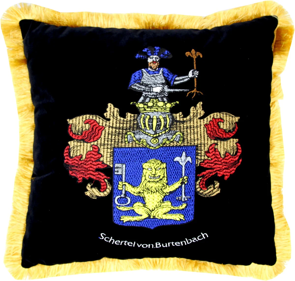 Luxus Deko Kissen Wappen Freiherr Schertel von Burtenbach Schwarz / Gold