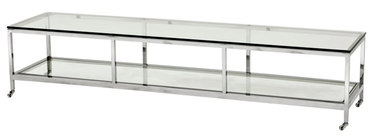 Luxus Art Deco Designer Couchtisch Edelstahl poliert mit Glas 190 x 45 cm - Luxus Kollektion - Beistelltisch