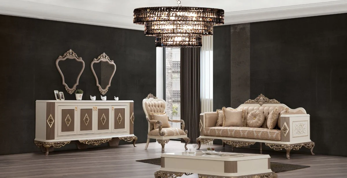 Luxus Barock Couchtisch Weiß / Braun / Gold 130 x 92 x H. 50 cm - Prunkvoller handgefertigter Wohnzimmertisch im Barockstil - Barock Möbel