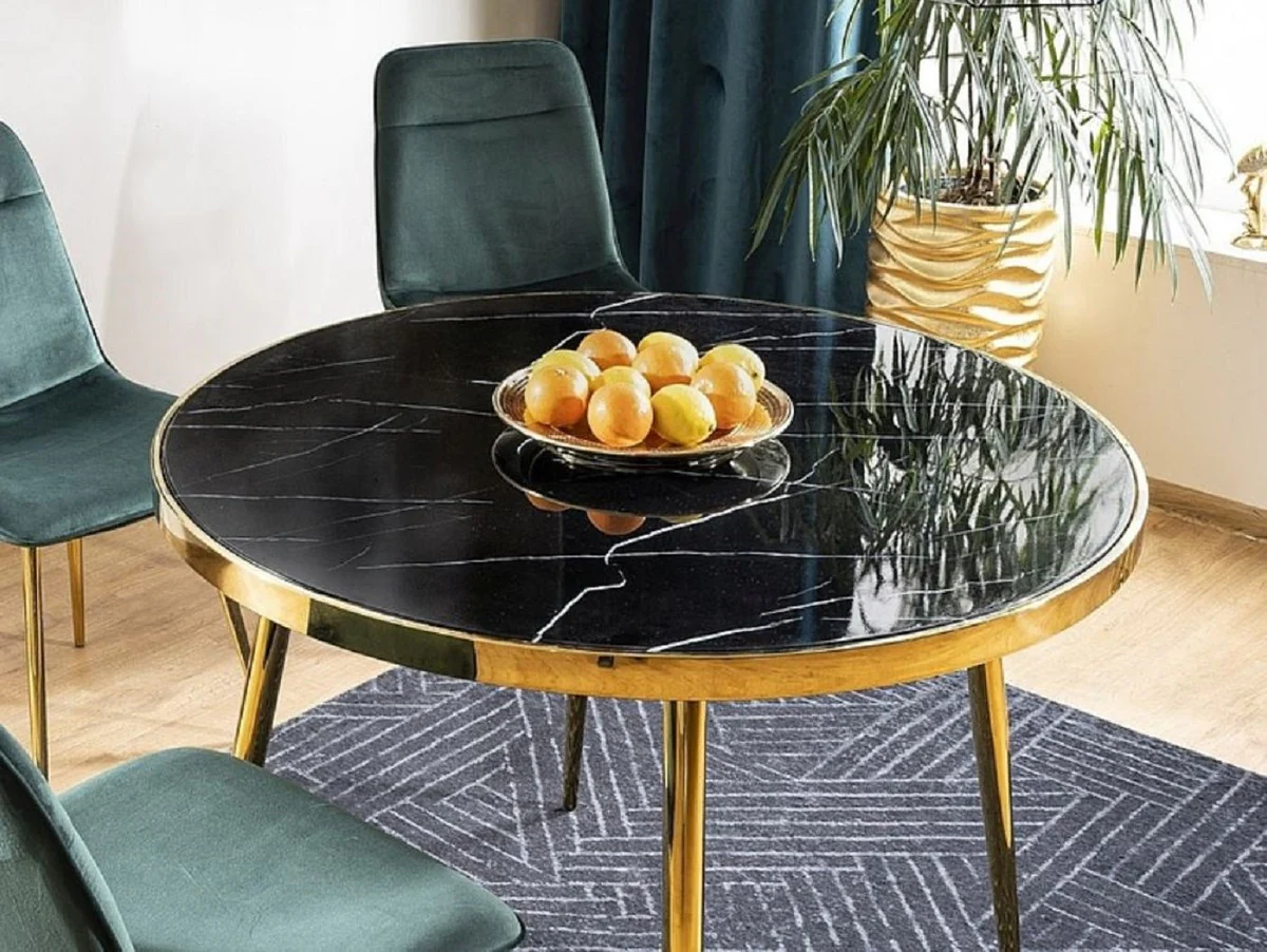 Luxus Esstisch Schwarz / Gold Ø 100 x H. 75 cm - Runder Esszimmertisch mit Glasplatte in Marmoroptik - Esszimmer Möbel - Küchen Möbel
