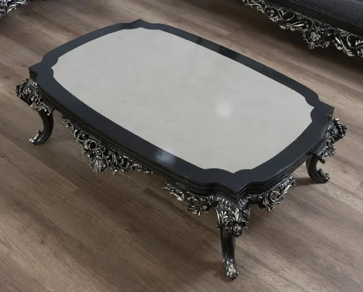 Luxus Barock Couchtisch Grau / Schwarz / Silber - Handgefertigter Massivholz Wohnzimmertisch - Prunkvolle Massivholz Wohnzimmer Möbel im Barockstil