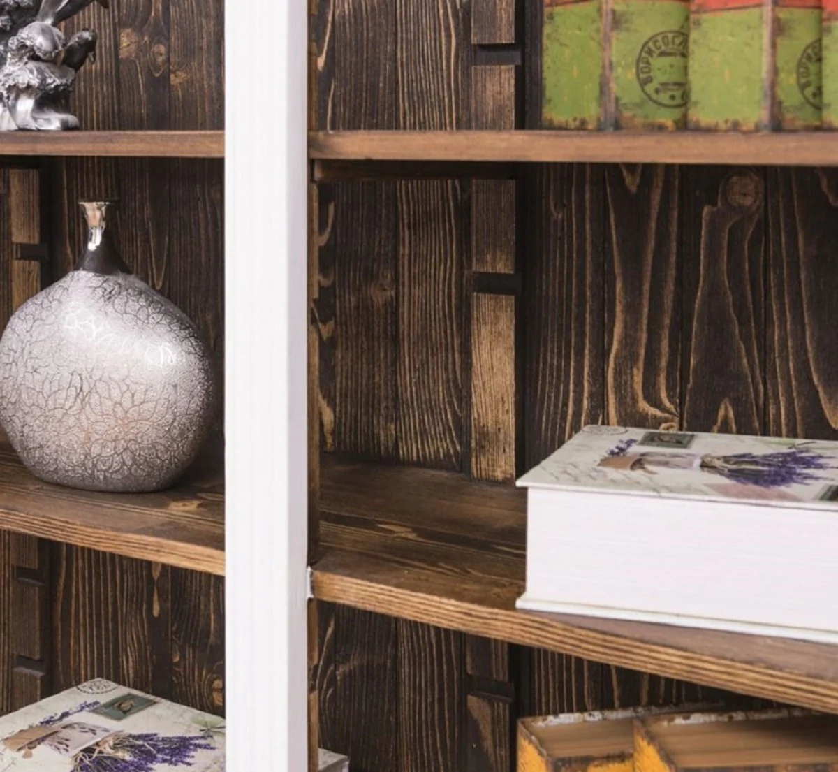 Landhausstil Regalschrank Weiß / Dunkelbraun 180 x 39 x H. 197 cm - Massivholz Schrank - Bücherschrank - Wohnzimmerschrank - Büroschrank - Landhausstil Möbel