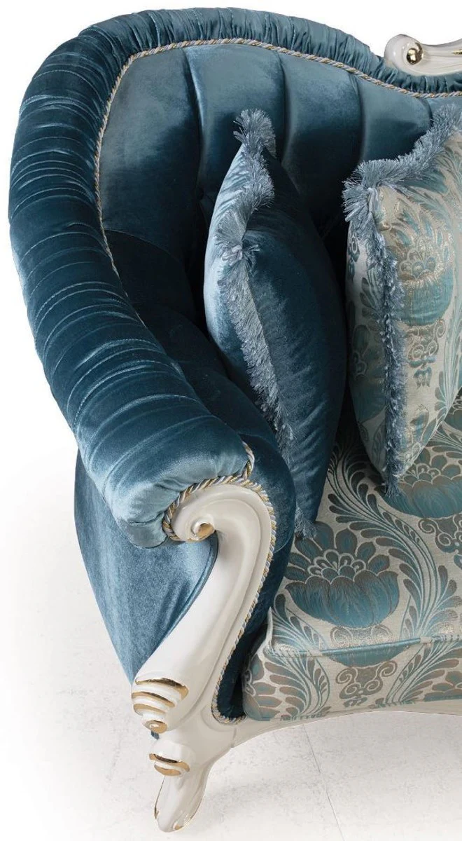 Luxus Barock Wohnzimmer Sofa mit Kissen Blau / Weiß / Gold 240 x 87 x H. 99 cm - Barock Möbel - Edel & Prunkvoll