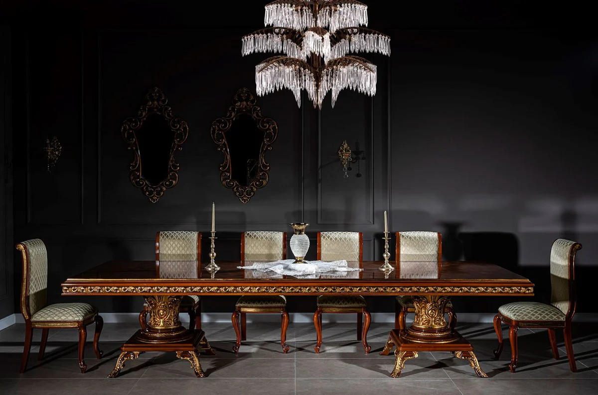 Luxus Barock Esszimmer Stuhl Set Gold Muster / Braun / Gold 50 x 55 x H. 105 cm - Edles Küchen Stühle 6er Set - Barock Esszimmer Möbel