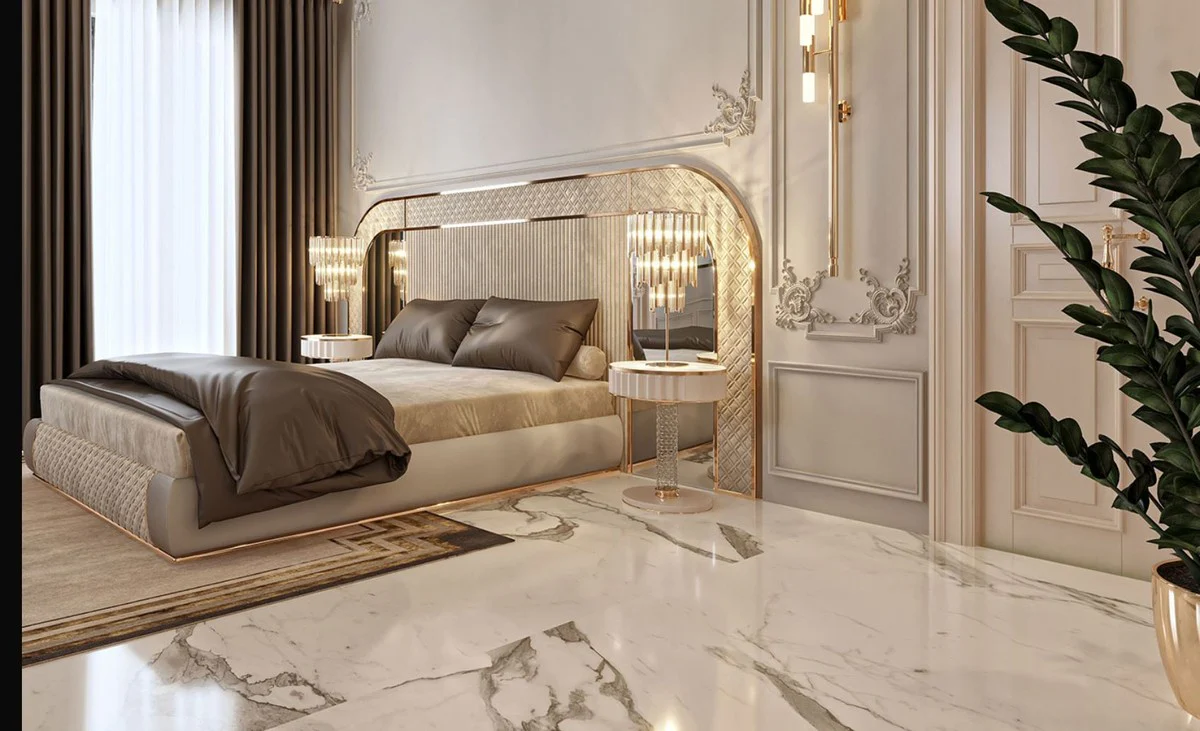 Luxus Art Deco Nachtkommode Weiß / Grau / Gold 60 x 45 x H. 66 cm - Nachttisch mit Schublade und Kunstmarmor Platte - Art Deco Schlafzimmer Möbel - Luxus Schlafzimmer Möbel