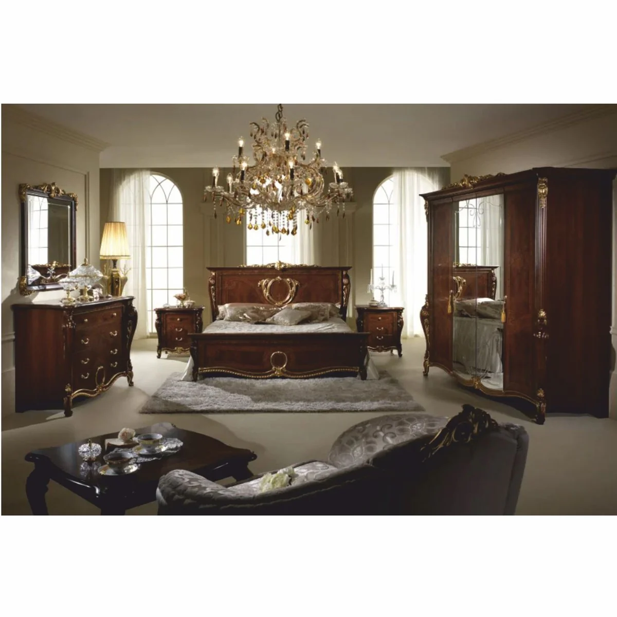 Luxus Barock Doppelbett Dunkelbraun / Gold - Barock Möbel - Made in Italy