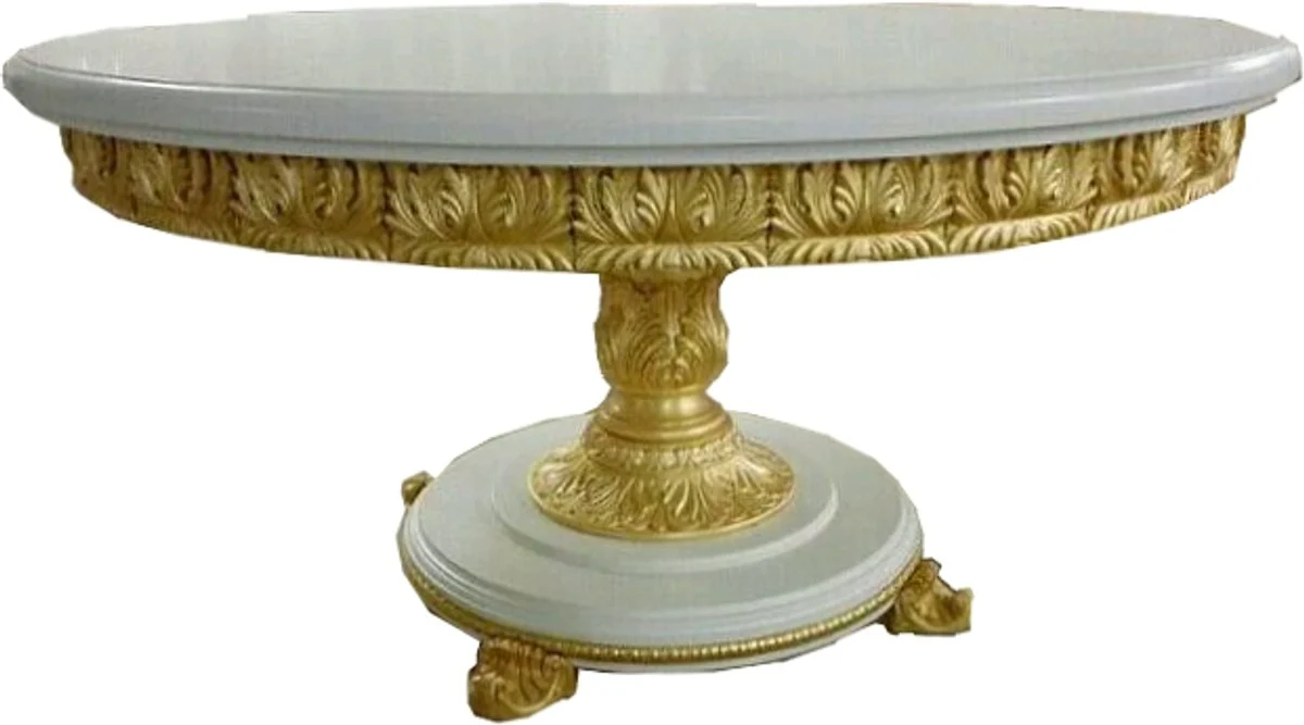 Luxus Barock Esstisch Rund Weiß / Gold mit Glasplatte 140 cm - Barocktisch Möbel