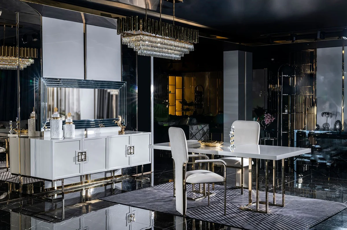 Luxus Esstisch Weiß / Gold 200 x 110 x H. 80 cm - Rechteckiger Küchentisch mit Massivholz Tischplatte und Metallbeinen - Esszimmer Möbel - Küchen Möbel - Luxus Möbel