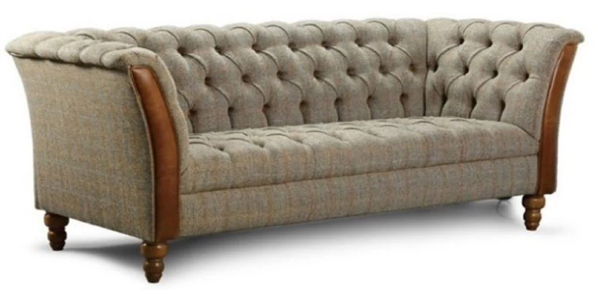 Luxus Chesterfield 3er Sofa Grau / Braun 213 x 87 x H. 77 cm - Wohnzimmer Sofa mit Echtleder - Chesterfield Wohnzimmer Möbel
