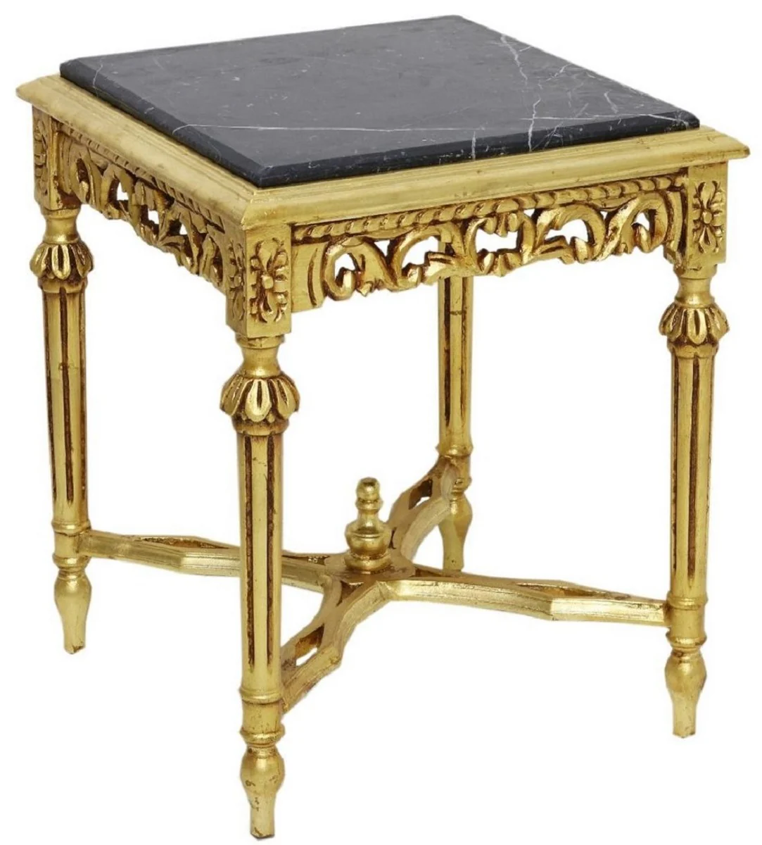 Barock Beistelltisch Gold / Schwarz - Handgefertigter Massivholz Tisch mit Marmorplatte - Barock Wohnzimmer Möbel
