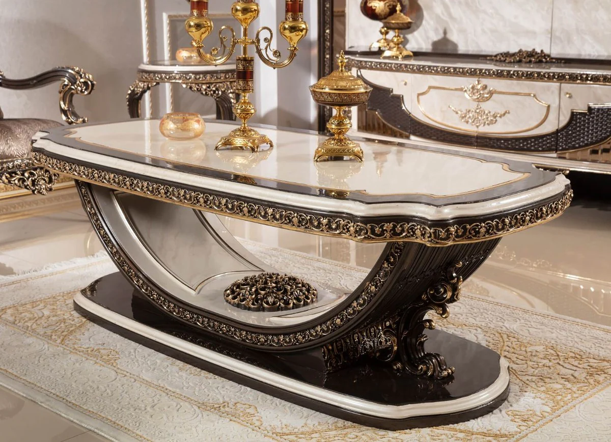 Luxus Barock Couchtisch Creme / Dunkelbraun / Gold 168 cm