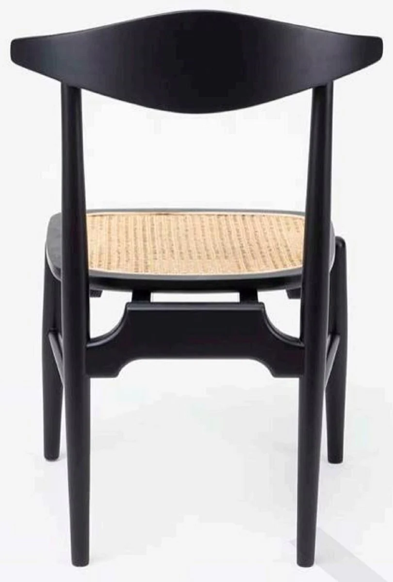 Luxus Esszimmerstuhl 6er Set Schwarz / Naturfarben 53 x 54 x H. 85 cm - Luxus Massivholz Küchen Stühle mit Rattan Sitzfläche - Esszimmer Möbel - Küchen Möbel - Luxus Möbel