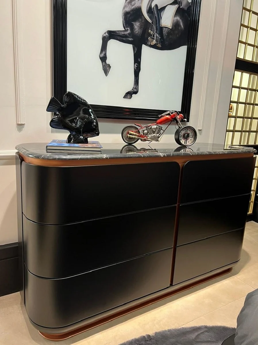 Luxus Massivholz Kommode mit 6 Schubladen Schwarz / Kupfer 150 x 50 x H. 90 cm - Schlafzimmer Kommode - Schlafzimmer Möbel - Luxus Möbel - Luxus Einrichtung - Möbel Luxus