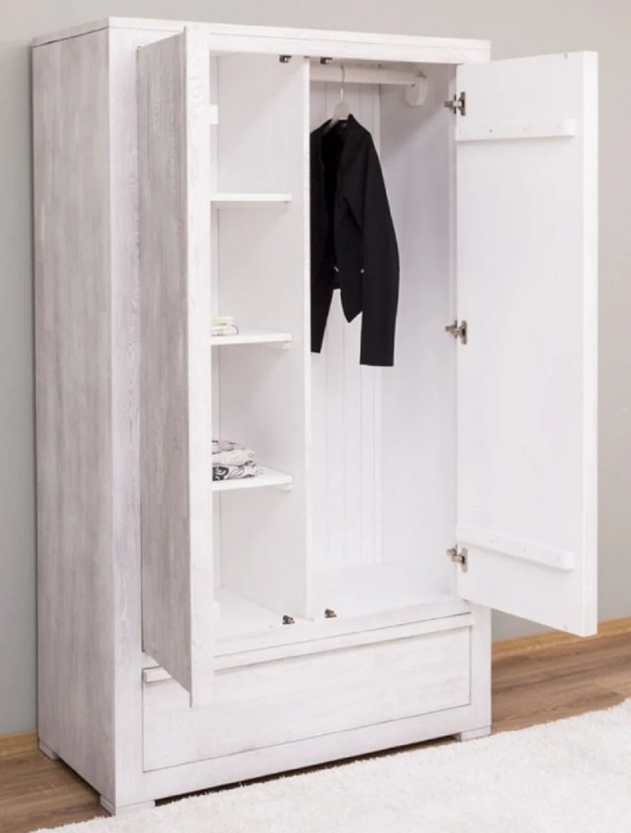 Landhausstil Kleiderschrank Weiß 110 x 53 x H. 190 cm - Massivholz Schlafzimmerschrank mit 2 Türen und Schublade - Landhausstil Schlafzimmer Möbel