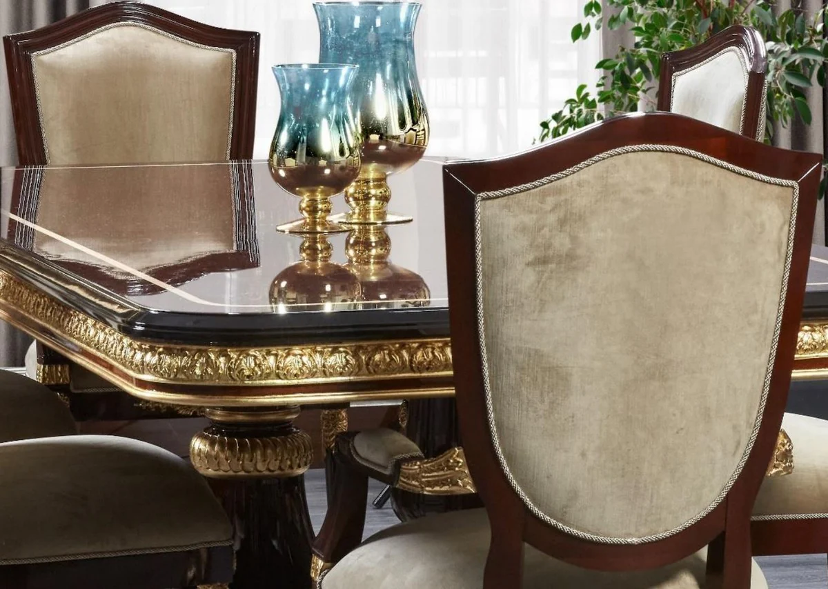 Luxus Barock Esstisch Dunkelbraun / Gold - Handgefertigter Massivholz Esszimmertisch - Luxus Esszimmer Möbel im Barockstil - Barock Möbel - Barock Einrichtung