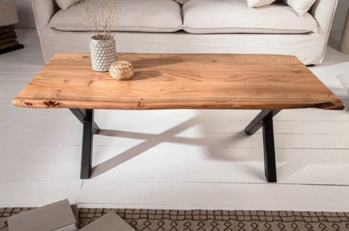 Massivholz Couchtisch mit Metallbeinen Naturfarben / Schwarz 118 x 60 x H. 40 cm - Rechteckiger Wohnzimmertisch - Massivholz Wohnzimmer Möbel