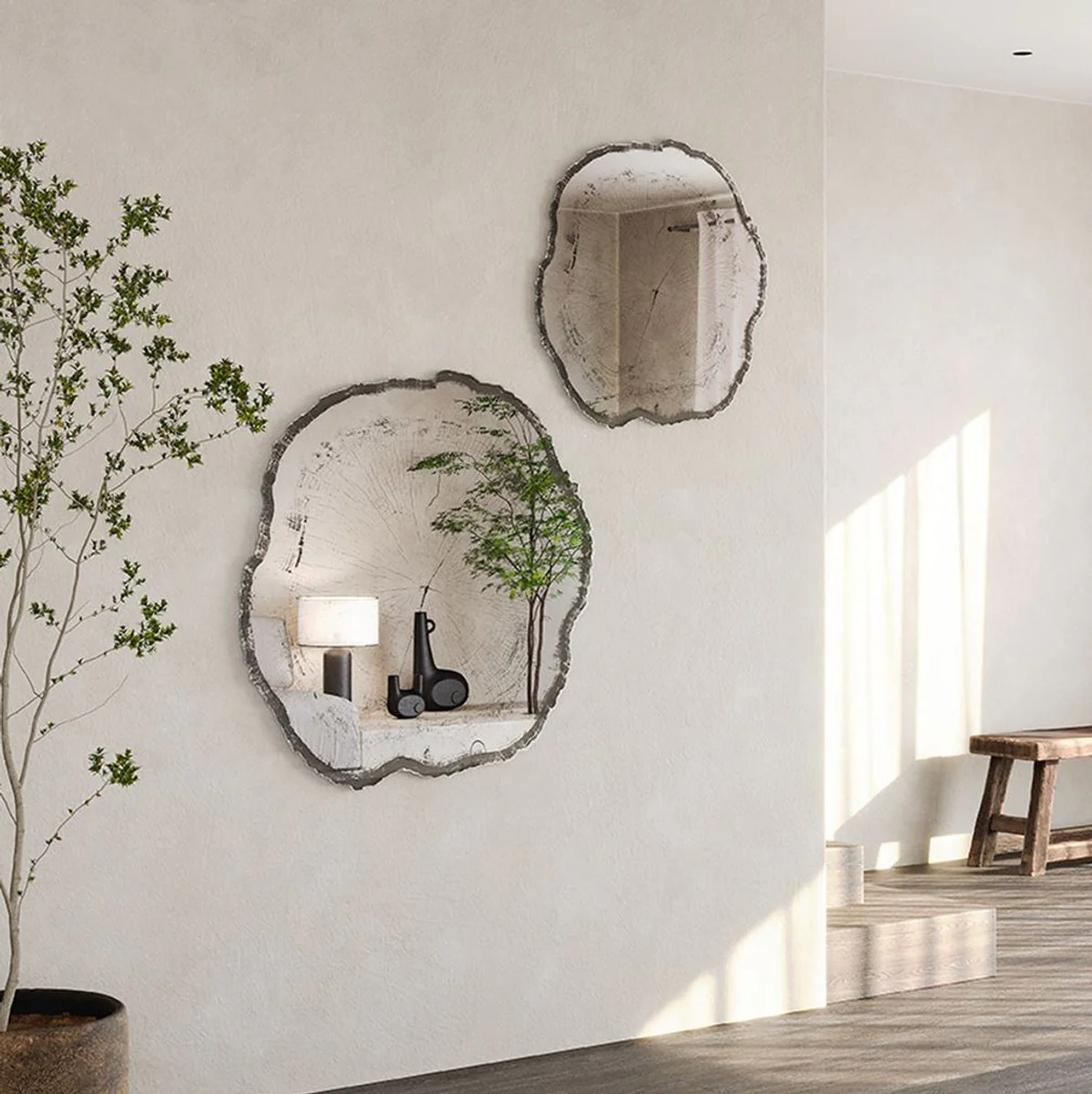 Luxus Wandspiegel im Baumscheiben Design Weiß / Schwarz 101 x 2,5 x H. 98 cm - Wohnzimmer Spiegel - Schlafzimmer Spiegel - Garderoben Spiegel - Luxus Möbel - Luxus Interior