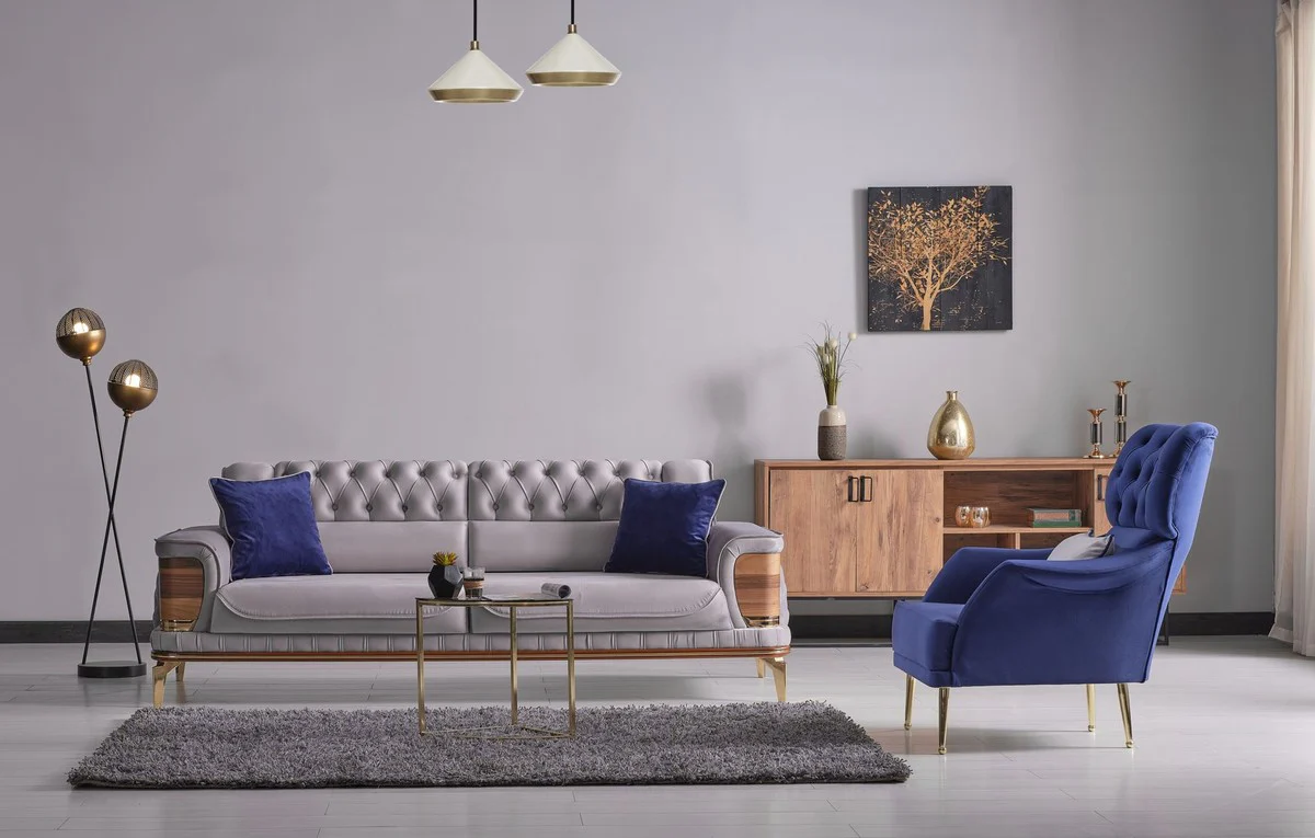 Luxus Schlafsofa Grau / Braun / Gold 232 x 92 x H. 85 cm - Wohnzimmer Sofa mit 2 Kissen - Luxus Wohnzimmer Möbel