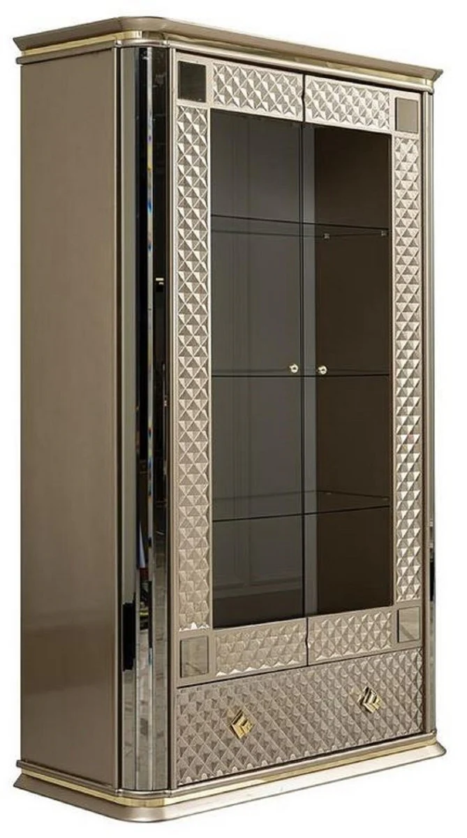 Luxus Art Deco Vitrine Beige / Gold - Handgefertigter Massivholz Vitrinenschrank mit 2 Türen und Schublade - Edle Art Deco Möbel