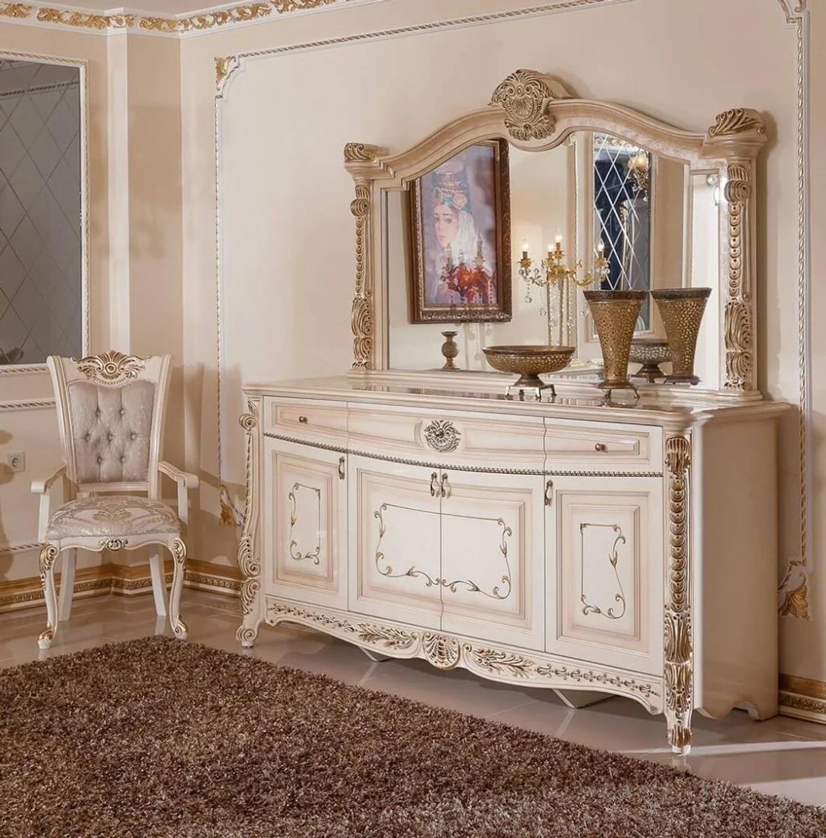 Luxus Barock Esszimmerstuhl 6er Set Grau / Weiß / Beige / Gold - Barockstil Küchenstühle mit Muster - Luxus Esszimmer Möbel im Barockstil - Barock Esszimmer Möbel